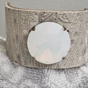 Sandra Ling.  Designer leather Cuff Bracelet with OPAL White Gem. Adjustable.new